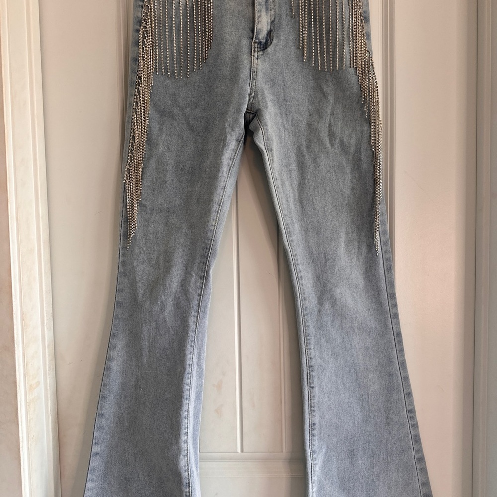 Women's Light Blue Flared Jeans with Rhinestone Detailing